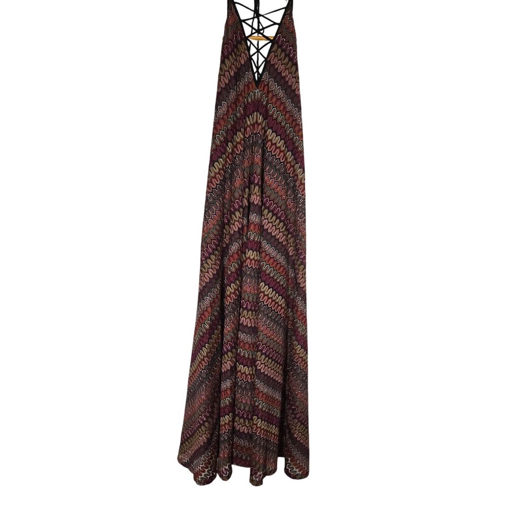 Ecote Crochet Multicolor Flame Stitch Knit Front Halter Dress Boho Hippie Small